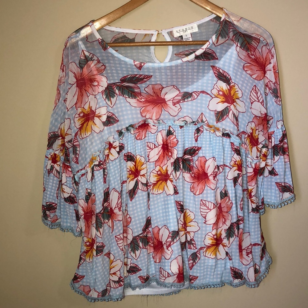 Woman’s Large Light Blue and White Checked Blouse with a Floral Pattern